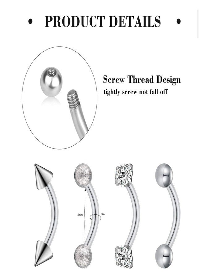 Suotarn 47pcs 16G Stainless Steel Eyebrow Piercing Rings Clear CZ Curved Barbell Helix Daith Rook Earrings Piercing Body Jewelry for Women Men - Image 3